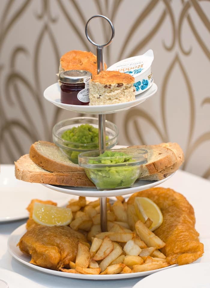 The Fish and Chips Afternoon Tea on a tiered cake stand at Hetty and Betty, Whitby
